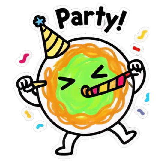 Noodle character wearing party hat and blowing horn with Party! text Noodle Buddy Vibes sticker for expressive chats and social replies.