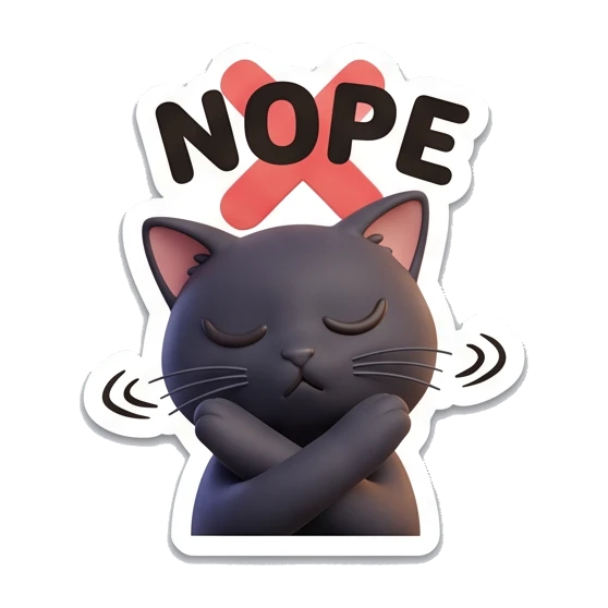 Black cat crossing arms in refusal, text Nope. Playful Black Cat Moods sticker for expressive chats and social replies.