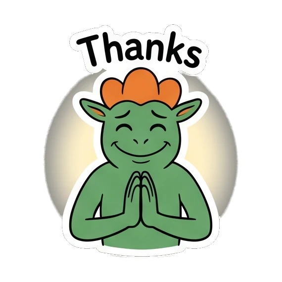 Green goblin with hands in prayer, text Thanks Green Goblin Mischief sticker for expressive chats and social replies.