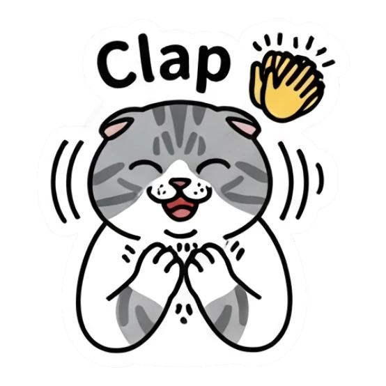 Cheerful gray cat clapping hands with text Clap Gray Tabby Moods sticker for expressive chats and social replies.