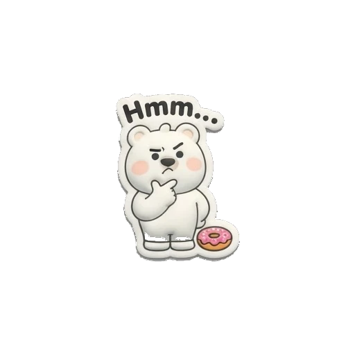 White bear thinking with a hand on chin, holding a donut, text says Hmm. Puffy Donut Bear sticker for expressive chats and social replies.