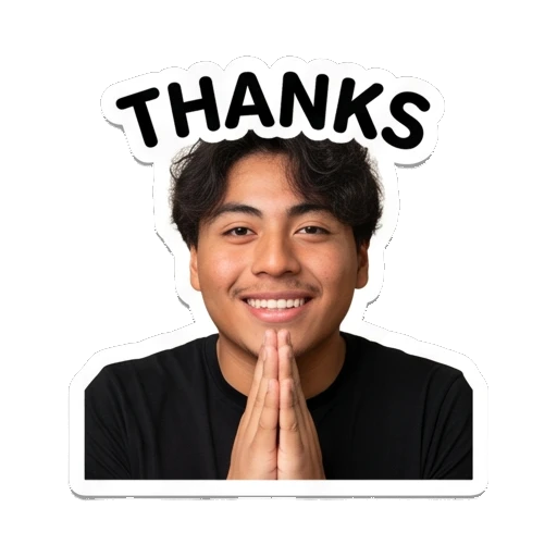 Young man with hands pressed together in gratitude, text 'THANKS' Daily Life of a Cool Guy sticker for expressive chats and social replies.