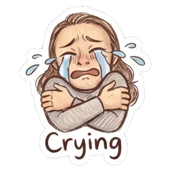 Man crying with tears streaming down, text 'Crying' Cool Long-Haired Guy Vibes sticker for expressive chats and social replies.