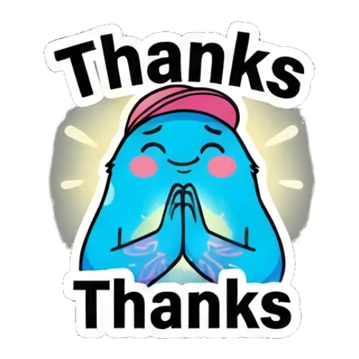 Blue blob character praying with gratitude with text Thanks. Blue Blob Vibes sticker for expressive chats and social replies.