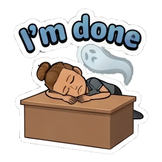 Girl sleeping on a desk with a ghost soul and I'm done text Retro Cartoon Girl Daily Life sticker for expressive chats and social replies.