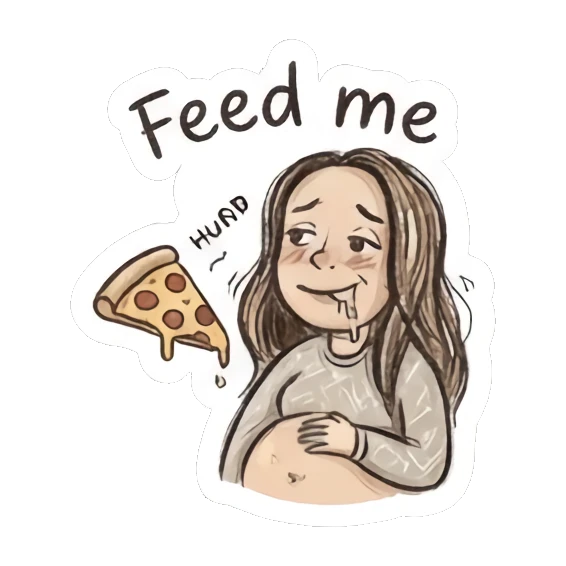 Girl looking hungry drooling over a slice of pizza Doodle Girl Daily Life sticker for expressive chats and social replies.