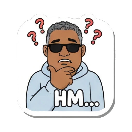 Man wearing sunglasses thinking with question marks Daily Duo Vibes sticker for expressive chats and social replies.