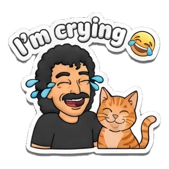 Man crying with a cat and text I'm crying Curly Hair Guy Adventures sticker for expressive chats and social replies.