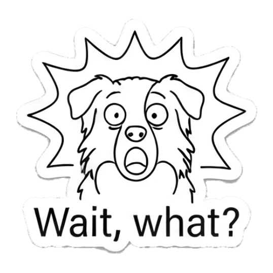 Shocked dog with wide eyes and a starburst background Indie Line Art Doggy sticker for expressive chats and social replies.