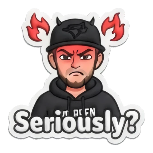 Guy looking angry with fire effect with text Seriously? Custom camojis sticker for expressive chats and social replies.