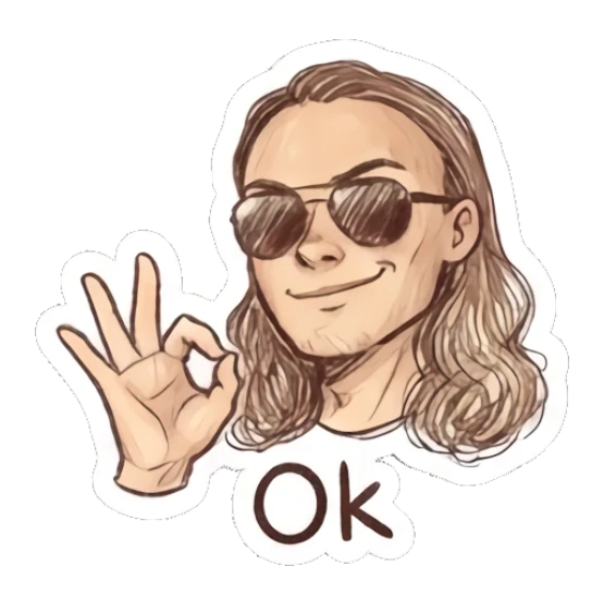 Cool man with sunglasses making an OK hand gesture, text 'Ok' Cool Long-Haired Guy Vibes sticker for expressive chats and social replies.