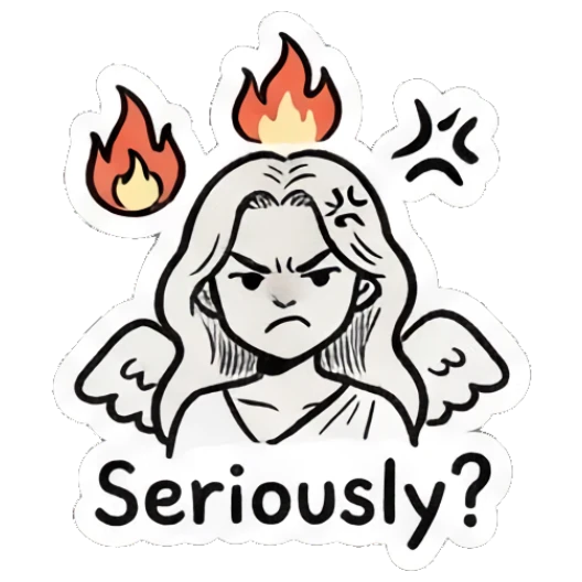 Angel girl looking furious with flames above her head. Little Angel Doodle Diary sticker for expressive chats and social replies.