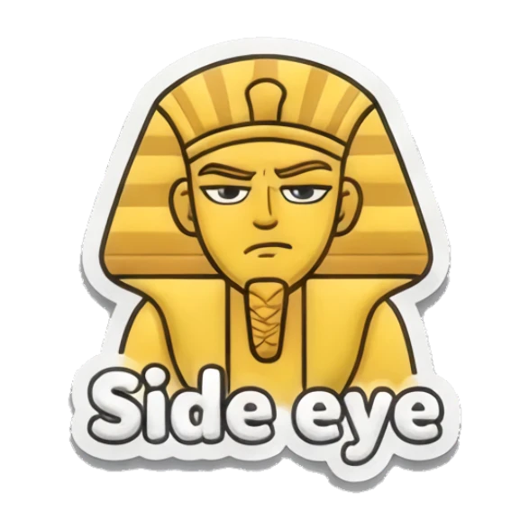 Pharaoh giving a stern side-eye look with Side eye text Golden Pharaoh Vibes sticker for expressive chats and social replies.