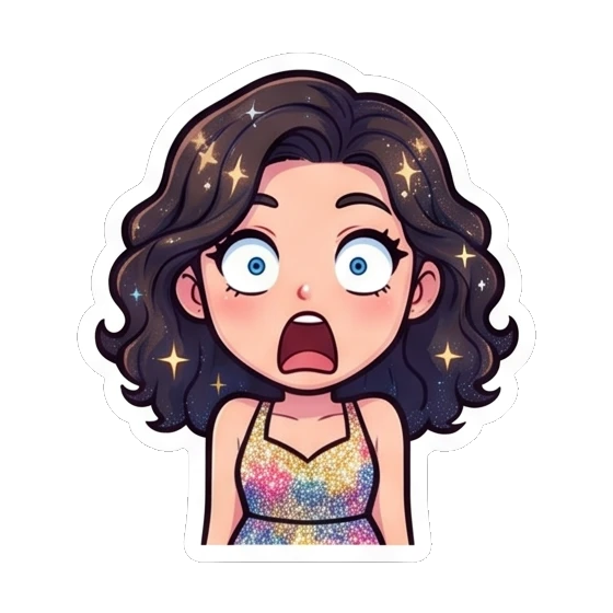 Girl looking shocked with wide eyes and open mouth Sparkly Curly Girl Daily sticker for expressive chats and social replies.