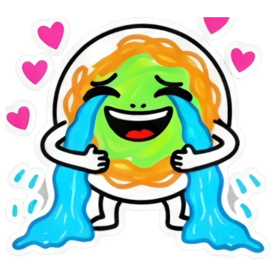 Joyful noodle character crying happy tears with hearts. Spicy Noodle Moods sticker for expressive chats and social replies.