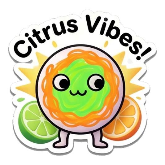 Citrus character surrounded by citrus slices with text Citrus Vibes! Citrus Buddy Adventures sticker for expressive chats and social replies.