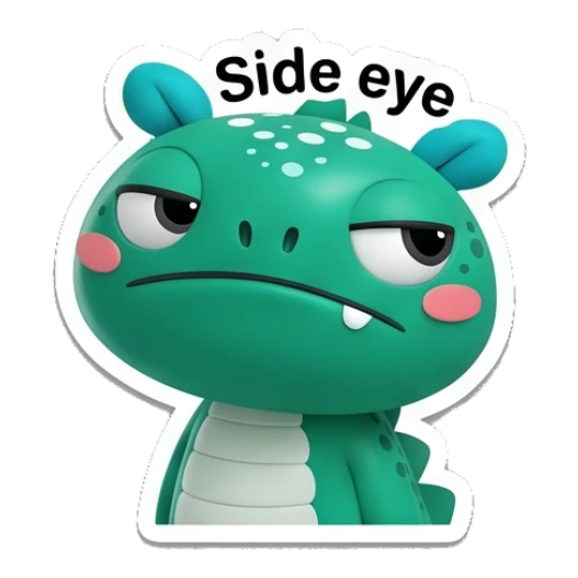 Teal dino giving a skeptical side eye look. Teal Dino Daily Moods sticker for expressive chats and social replies.