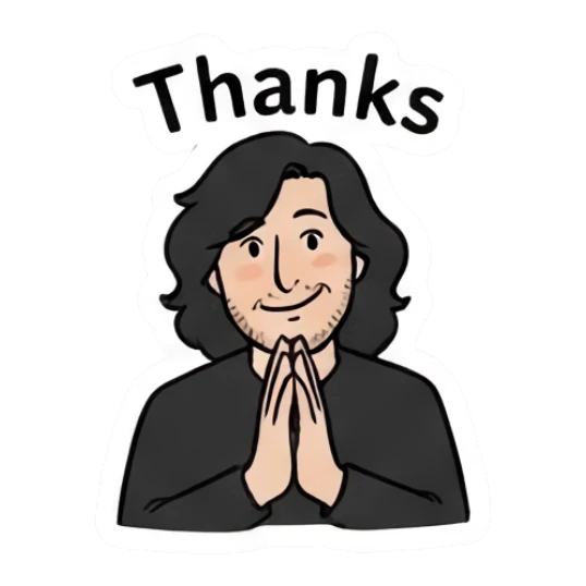 Long-haired man with hands together in a thanks gesture. Long-Haired Guy Daily Vibes sticker for expressive chats and social replies.