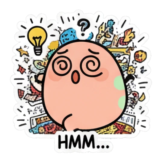 Doodle egg looking confused with spiral eyes and a lightbulb, text HMM... Doodle Egg Adventures sticker for expressive chats and social replies.