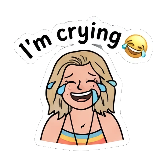 Laughing girl with tears of joy, saying I'm crying Festival Boho Girl sticker for expressive chats and social replies.