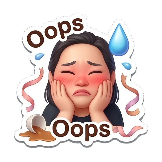 Woman looking embarrassed with spilled coffee, text Oops Coffee Lover Daily Expressions sticker for expressive chats and social replies.