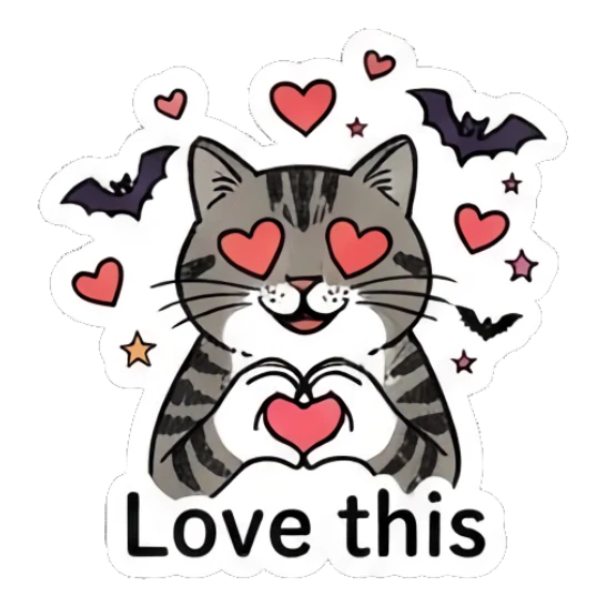 Loving tabby cat making a heart shape, text Love this Spooky Tabby Cat Adventures sticker for expressive chats and social replies.