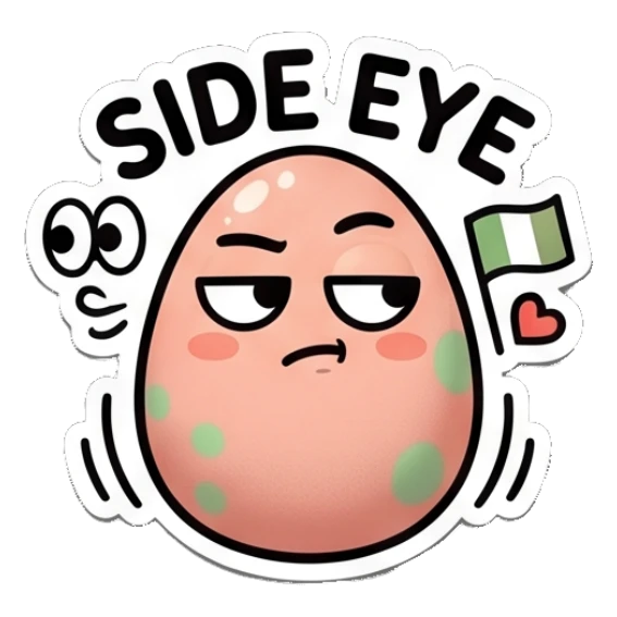 Skeptical spotted egg giving a side-eye glance, 'Side eye' text. Spotted Egg Adventures sticker for expressive chats and social replies.