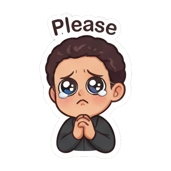 Curly-haired man with pleading eyes and hands together. Curly Haired Guy Expressions sticker for expressive chats and social replies.