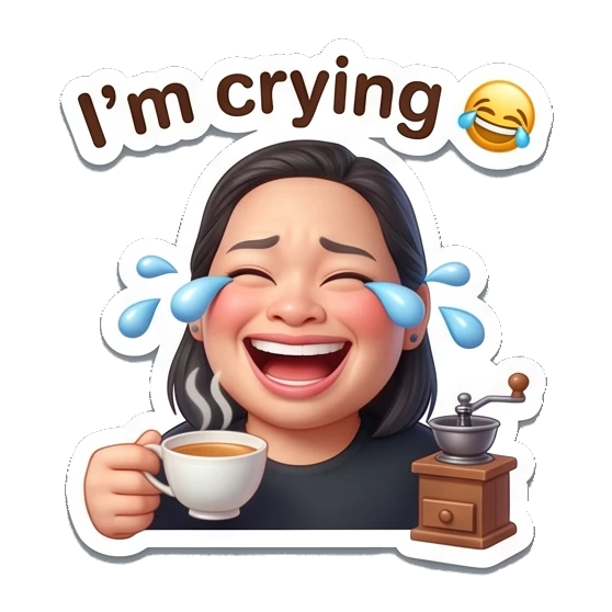 Woman laughing with coffee cup, text I'm crying Coffee Lover Daily Expressions sticker for expressive chats and social replies.