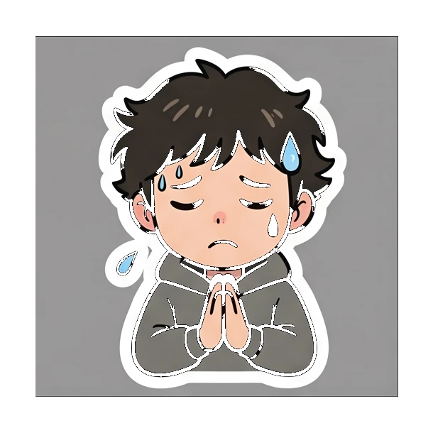 Boy with braces praying with sweat drop Cheerful Braces Boy sticker for expressive chats and social replies.