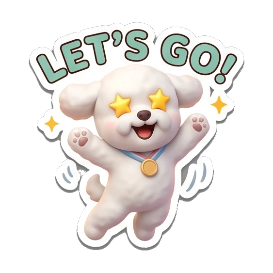 Bichon jumping with star eyes, Let's go text Bichon Buddy Daily Vibes sticker for expressive chats and social replies.