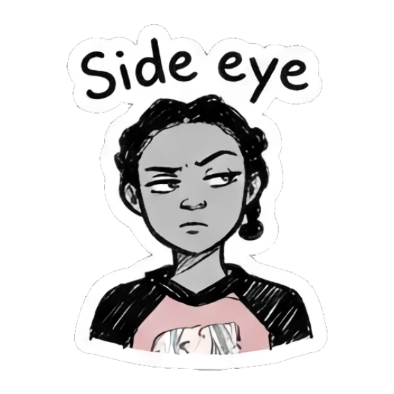 Girl giving a side-eye glance, suspicious expression, text 'Side eye' Doodle Girl Expressions sticker for expressive chats and social replies.