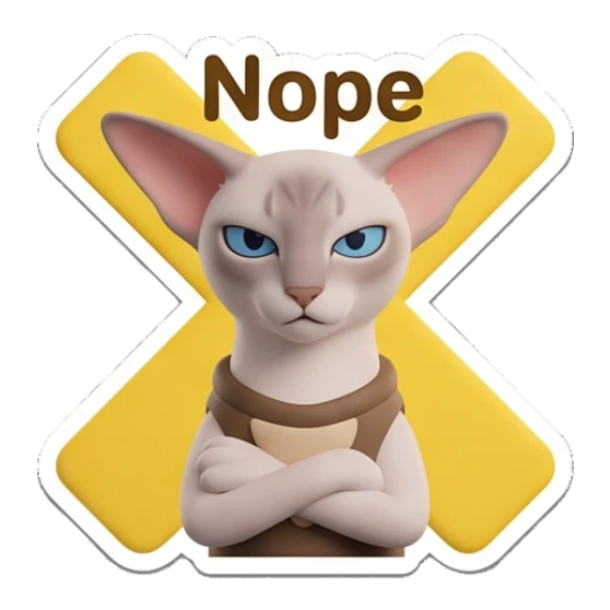Sphynx cat crossing arms with a firm look and text Nope Sphynx Cat Moods sticker for expressive chats and social replies.
