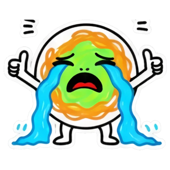 Sad noodle character crying blue tears with thumbs up. Spicy Noodle Moods sticker for expressive chats and social replies.