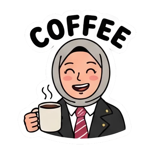 Hijabi student holding coffee mug, COFFEE text Hijabi Student Daily Life sticker for expressive chats and social replies.