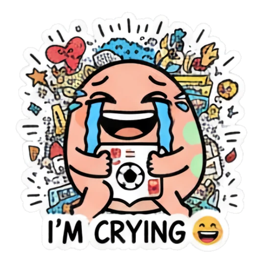 Doodle egg crying loudly while holding a small soccer ball, text I'M CRYING Doodle Egg Adventures sticker for expressive chats and social replies.