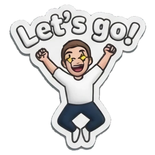 Man jumping with excitement and star eyes with text Let's go! Everyday Guy Expressions sticker for expressive chats and social replies.