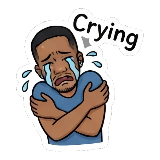 Man crying and hugging himself with text Crying Modern Couple Daily Vibes sticker for expressive chats and social replies.