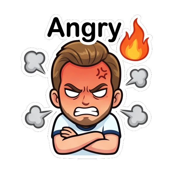 Bearded man looking furious with a fire icon and steam Cheerful Bearded Guy sticker for expressive chats and social replies.