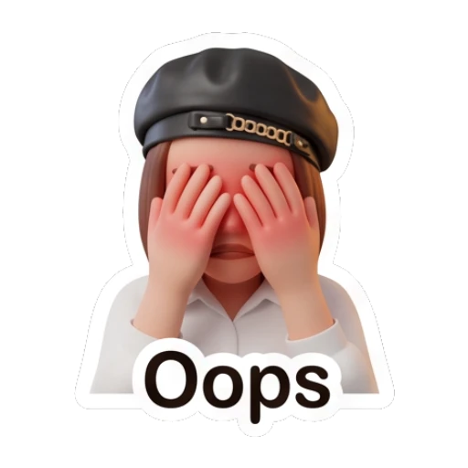 Embarrassed girl in beret covering eyes with hands, text Oops. Chic Beret Girl sticker for expressive chats and social replies.