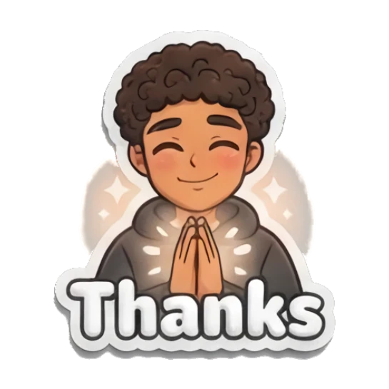 Curly-haired boy with hands in prayer position saying thanks. Curly Hair Boy Daily Vibes sticker for expressive chats and social replies.