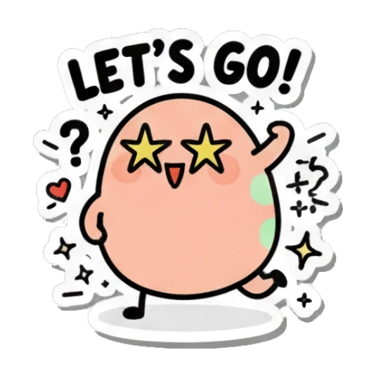 Excited egg with star eyes and 'LET'S GO!' text. Little Egg Emotions sticker for expressive chats and social replies.