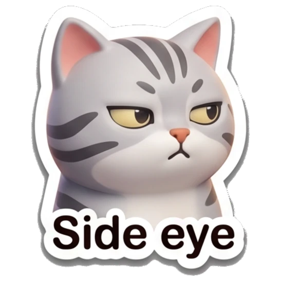 Skeptical gray tabby cat looking sideways with text 'Side eye' Cheerful Gray Tabby Cat sticker for expressive chats and social replies.