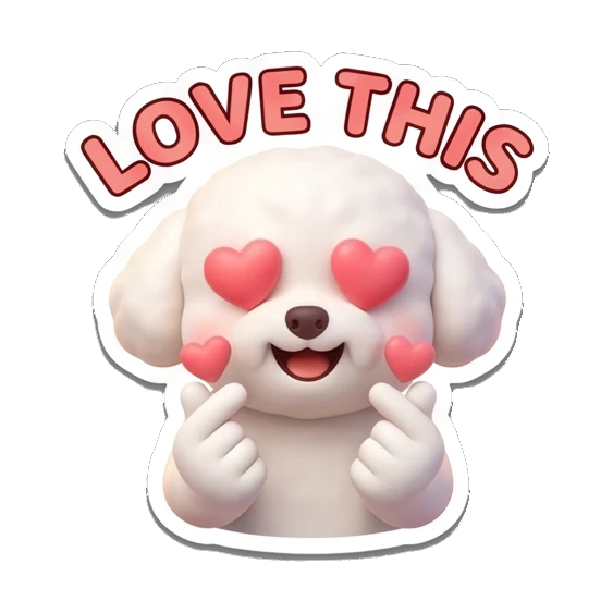 Bichon making a heart gesture with eyes, Love this text Bichon Buddy Daily Vibes sticker for expressive chats and social replies.