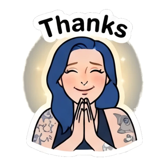 Grateful girl with hands pressed together saying Thanks. Blue Hair Girl Daily Life sticker for expressive chats and social replies.