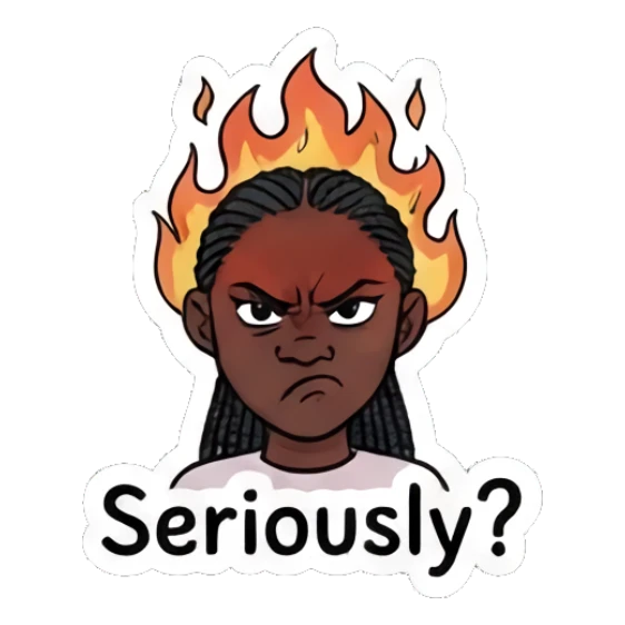 Woman with flaming hair looking angry with text Seriously? Modern Couple Daily Vibes sticker for expressive chats and social replies.