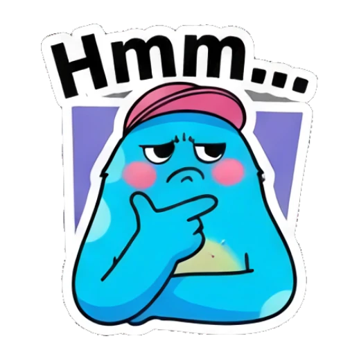 Blue blob character thinking with a hand on chin with text Hmm. Blue Blob Vibes sticker for expressive chats and social replies.