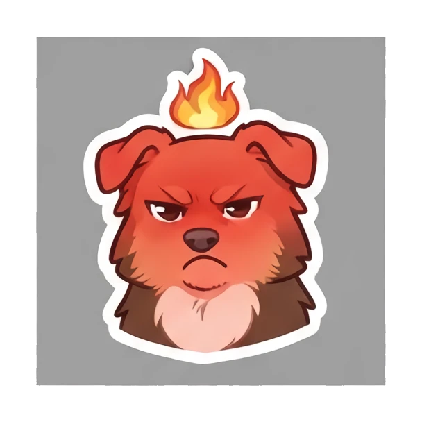 Aussie dog looking angry with a flame on its head. Cheerful Aussie Buddy sticker for expressive chats and social replies.