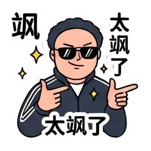 Cool chubby man wearing sunglasses pointing, text '飒太飒了' Everyday Life of a Chubby Guy sticker for expressive chats and social replies.