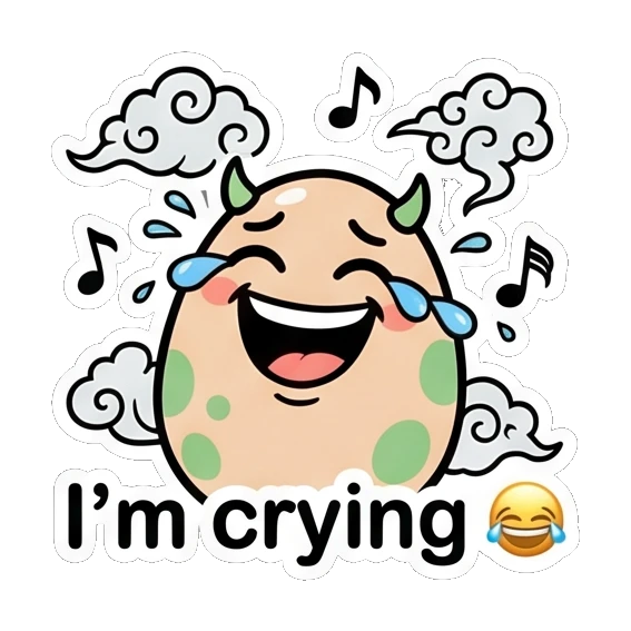 Crying egg with musical notes and tears of joy. Little Spotted Egg Emotions sticker for expressive chats and social replies.